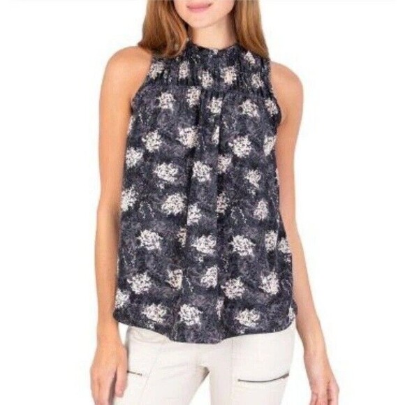 Joie Blouse Women XXL Blue Sleeveless High Neck Floral Baltic Silky  Smoked - Picture 1 of 9
